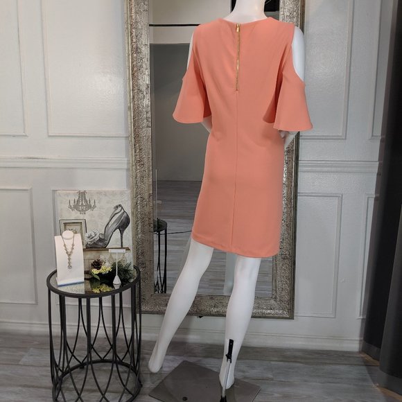 Salmon Peach Cocktail Midi Dress With Sleeves - Picture 2 of 2